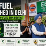 E85 fuel launch at Indian Oil Pusa Road station in Delhi showing fuel price of ₹82.12 per litre and India’s new flex-fuel initiative.",