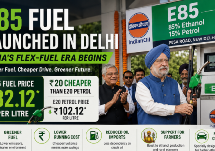 E85 fuel launch at Indian Oil Pusa Road station in Delhi showing fuel price of ₹82.12 per litre and India’s new flex-fuel initiative.",