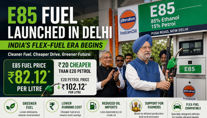 E85 fuel launch at Indian Oil Pusa Road station in Delhi showing fuel price of ₹82.12 per litre and India’s new flex-fuel initiative.",