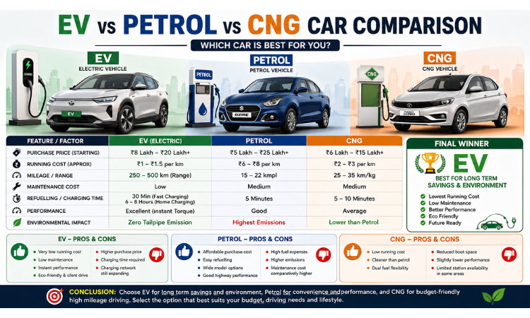 EV vs Petrol vs CNG Car Comparison